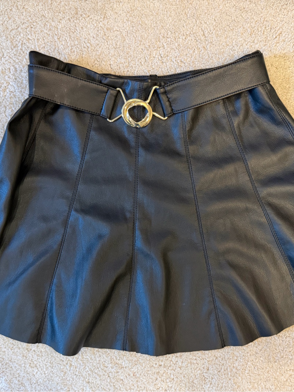 Black Faux Leather A-Line Skirt with Gold Ring Detail